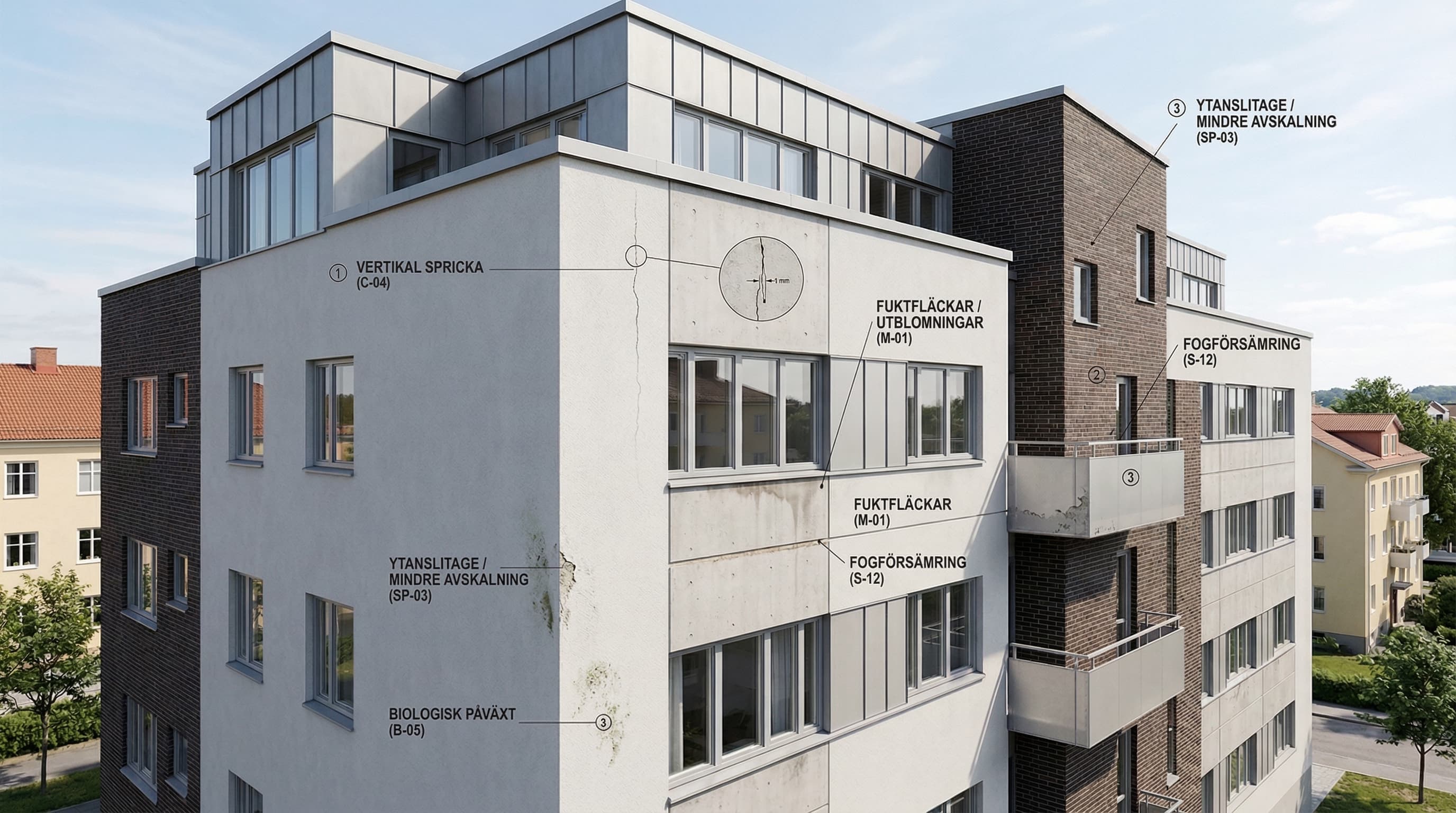 Fasaddokumentation med drönare — ortofoto med skademarkeringar