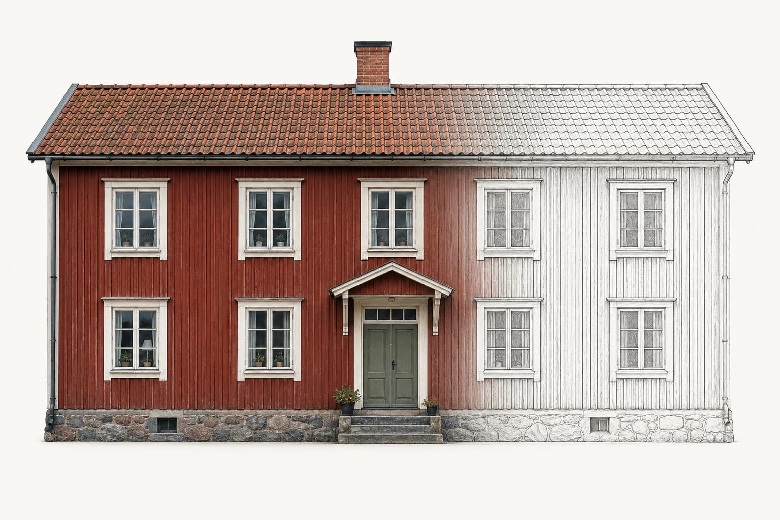 Träfasad med fotografiska detaljer och fasadlinjer för ritningsunderlag