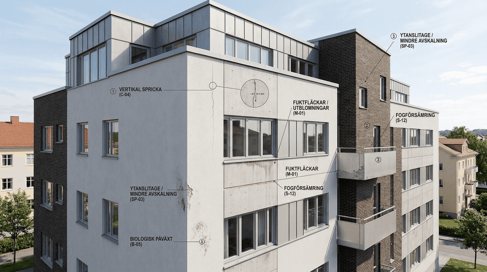 Fasaddokumentation med drönare — ortofoto med skademarkeringar