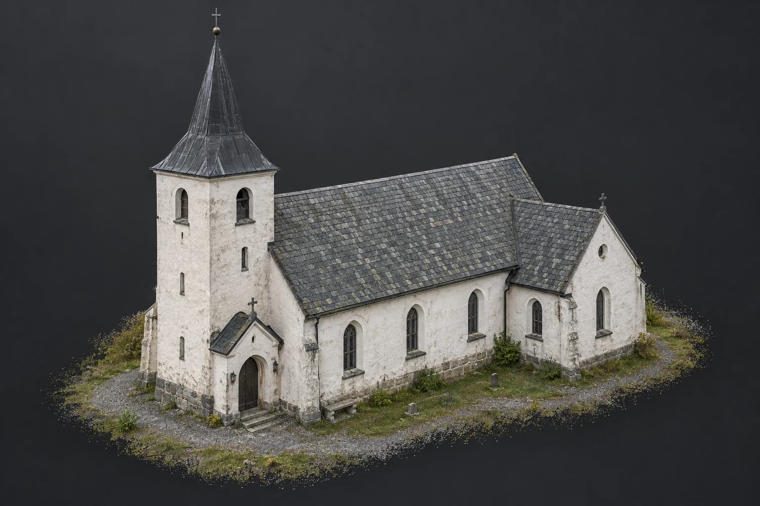 Byggnadsmodell av en kyrka sedd snett ovanifrån